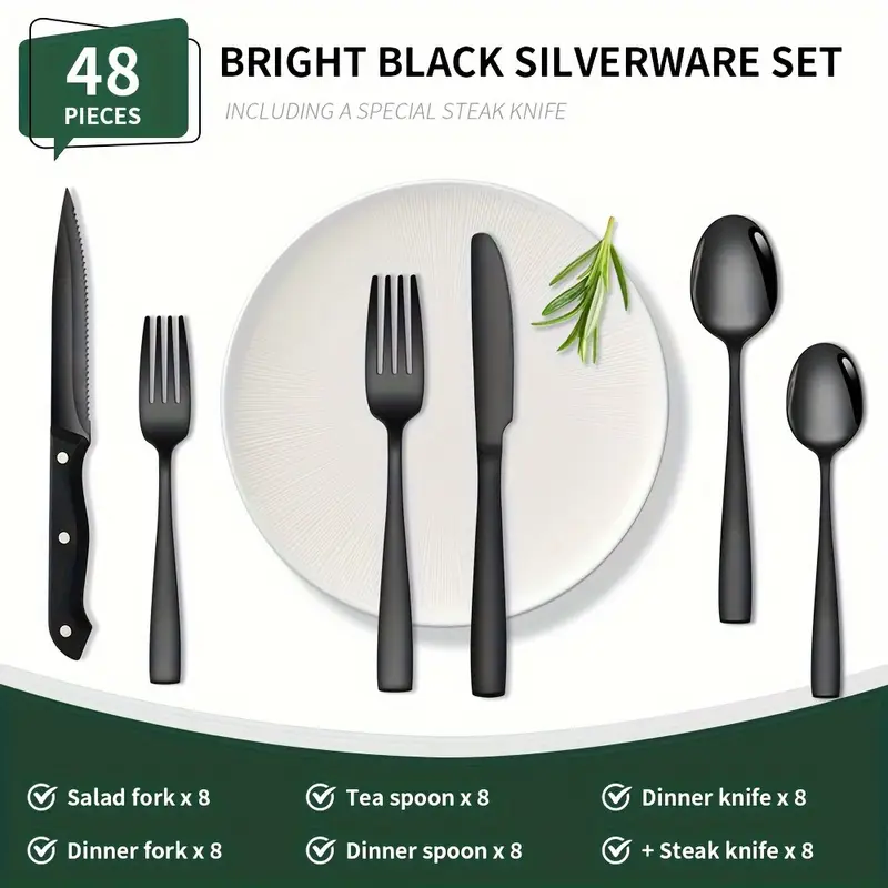 48pcs Stainless Steel Flatware Set, Mirror Polish Families Hotels Knives Forks Spoons Cutlery Set with Gift Box for 8 Persons, Durable, Mirror Polished, Dishwasher Safe, Perfect for Parties, Weddings, Banquets
