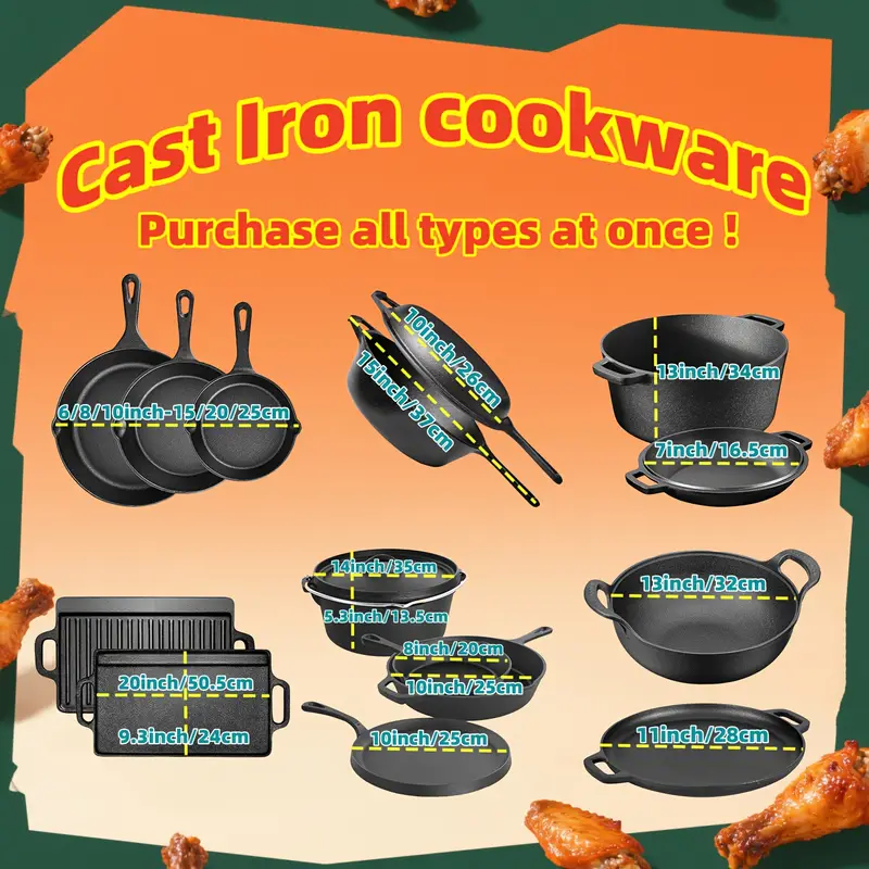 3pcs Bare Cast Iron Skillet Set (6/8/10 Inch) | Seasoning, No Chemical Coating | Oven & Grill Safe for Steak, Cornbread & Campfire Cooking | Heirloom-Grade Sand Casting Craftsmanship
