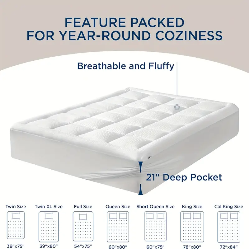 Cooling Mattress Topper, Breathable Extra Thick Mattress Protector Top Stretches 8-21" Deep Pocket, Comfort Support Back Mattress Pad Cover