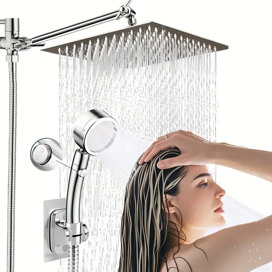 High-Pressure Shower Head Combo with Handheld - Heavy-Duty Stainless Steel Construction, Leak-Proof Design, 180° Adjustable arm with Bracket/Hose, for Modern Bathroom - Easy Installation & Cleaning, Shower Accessories