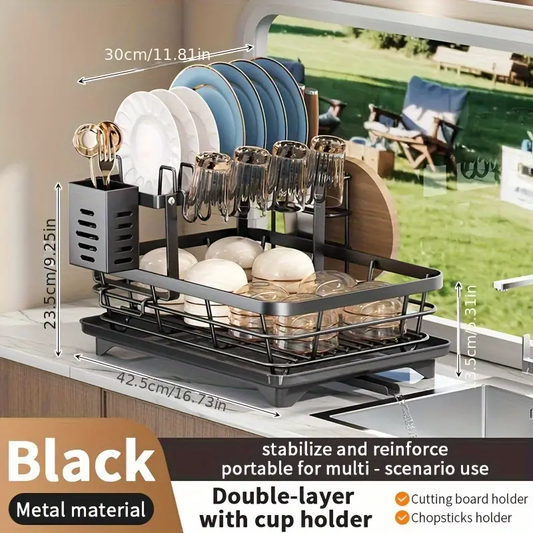 Kitchen Accessory, Organizer Storage, Dish Drainer, Removable With Double Storage Dish Rack, Mug Rack, Drainer Board, Knife And Fork Rack, Sticky Board Rack, Storage Utensil Rack, Drainer. Larger Capacity, Black Color.