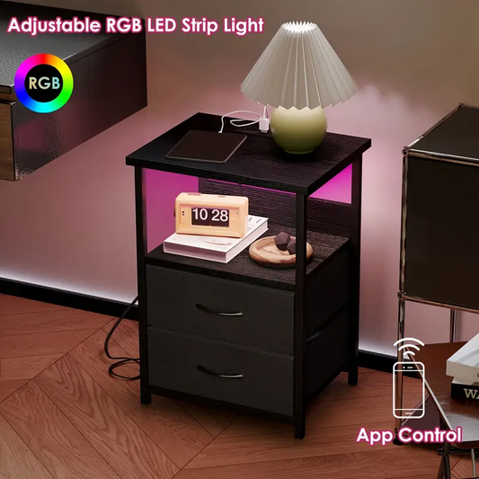 TOMNK 1/2pcs NightStand, Display Stand With 2/3/4 Drawers, LED Nightstand 2 Set With Charging Station For Bedroom, Fabric Storage Drawers With PU Finish