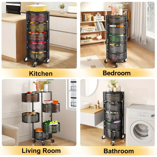 Kitchen Fruit And Vegetable Basket, Potato Onion Bread Banana Cart, 3/4/5 Layer Rotating Storage Rack, Metal Basket Organizer With Wheels, Kitchen Large Black Rotating Storage Rack, Kitchen Fruit And Vegetable Rolling Food Cart