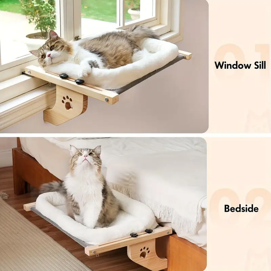 Adjustable Cat Window Perch & Hammock - Durable Plastic Frame with Soft Fleece Lining, Paw Print Cutouts for Indoor Cats, Easy Install Wall/Ceiling Mount for Windowsill, Bedside, Cabinet - Large Cat Bed, Pet Relaxation Spot | Decorative Pet Accessory