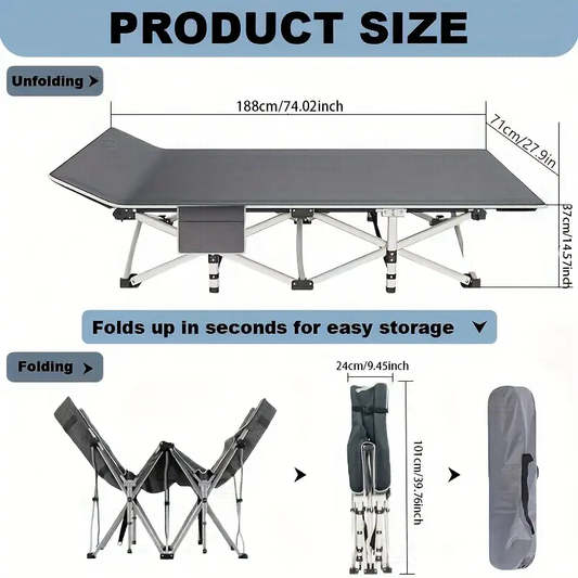 75 Inch Portable Folding Bed - Heavy-Duty, 600lb Load Capacity, Outdoor Camping Guest Bed with Flip Mattress, Handbag Included, Suitable for Travelers, Gray and Gray Blue